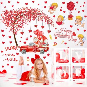 Valentine's Day Wall Decals Decor Pink Heart Tree Wall Stickers Couple Gnome Love Window Sticker Cupid Wall Sticker Valentines Window Decal Peel and Stick for Wedding Anniversary Engagement Decoration