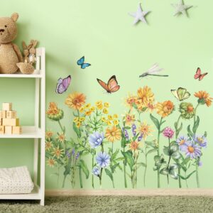 Buiory Removable Flowers Wall Decals Floral Butterfly Wall Stickers Garden Plants Wall Decor for Nursery Classroom Bedroom Bathroom Sofa TV Background