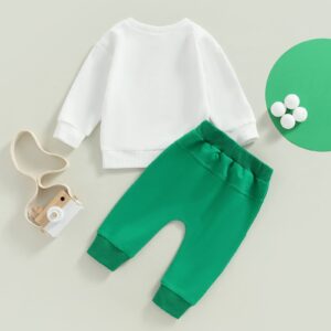 KOSUSANILL My First Baby Boy St Patricks Day Outfit Newborn Infant Irish Shamrock Clothes Long Sleeve Sweatshirt Pullover Pants Set (White Green Lucky Clover Crewneck, 3-6 Months)