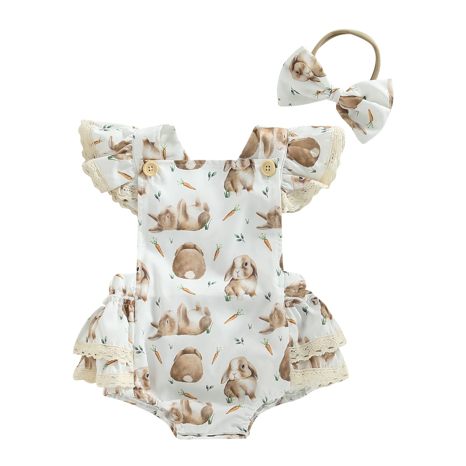 Newborn Infant Baby Girl Easter Outfit Bunny Romper Lace Sleeveless Bodysuit Jumpsuit Headband Summer Clothes White 18-24 Months