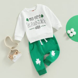 KOSUSANILL My First Baby Boy St Patricks Day Outfit Newborn Infant Irish Shamrock Clothes Long Sleeve Sweatshirt Pullover Pants Set (White Green Lucky Clover Crewneck, 3-6 Months)