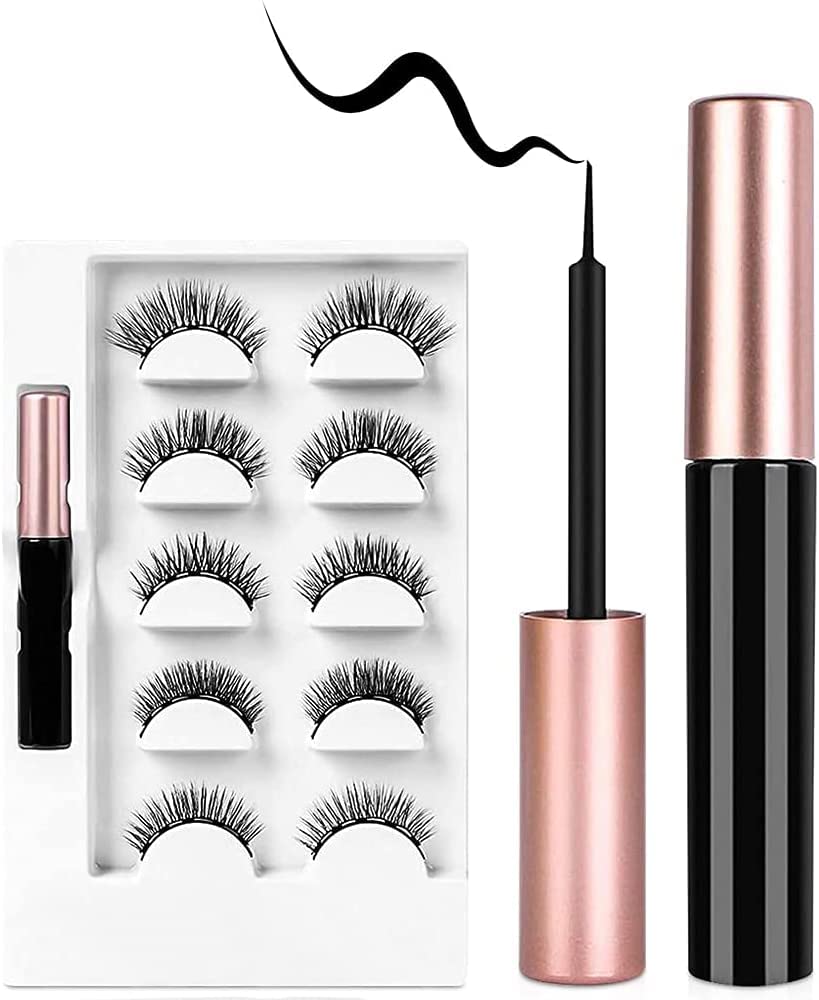 AOMIG Magnetic Eyelashes with Eyeliner Kit, 5 Pairs Natural Look False Eyelashes with Applicator, Waterproof Eyeliner Reusable Fake Lashes for Makeup Eyelashes Extension Black