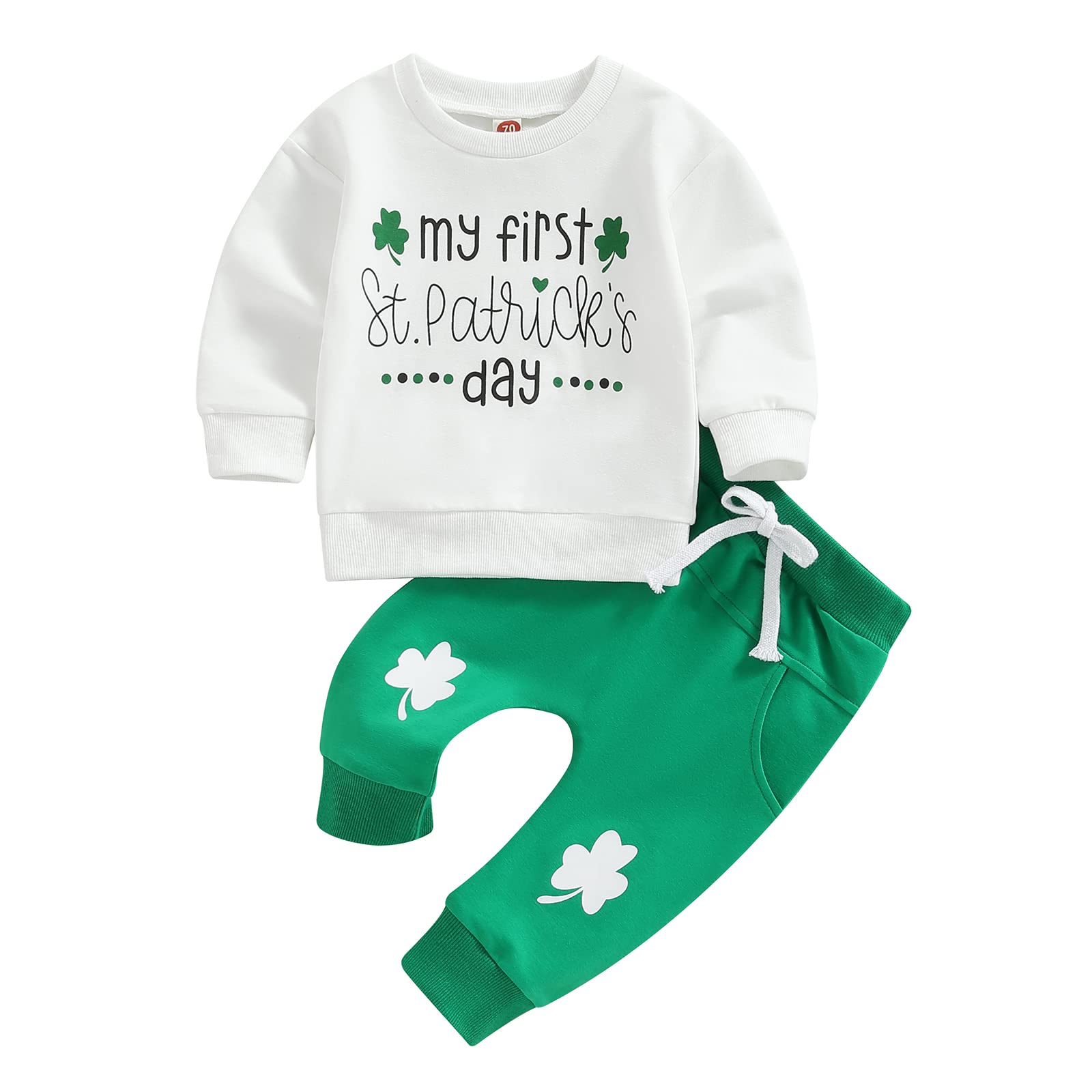 KOSUSANILL My First Baby Boy St Patricks Day Outfit Newborn Infant Irish Shamrock Clothes Long Sleeve Sweatshirt Pullover Pants Set (White Green Lucky Clover Crewneck, 3-6 Months)