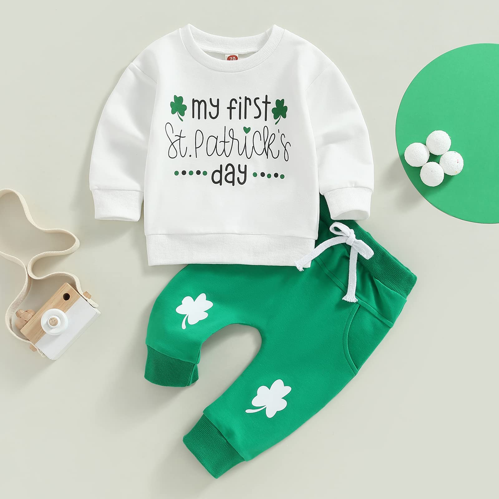 KOSUSANILL My First Baby Boy St Patricks Day Outfit Newborn Infant Irish Shamrock Clothes Long Sleeve Sweatshirt Pullover Pants Set (White Green Lucky Clover Crewneck, 3-6 Months)