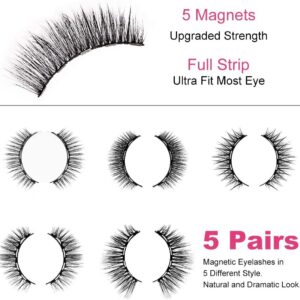 AOMIG Magnetic Eyelashes with Eyeliner Kit, 5 Pairs Natural Look False Eyelashes with Applicator, Waterproof Eyeliner Reusable Fake Lashes for Makeup Eyelashes Extension Black