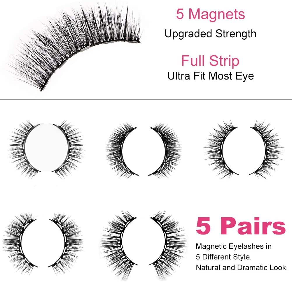 AOMIG Magnetic Eyelashes with Eyeliner Kit, 5 Pairs Natural Look False Eyelashes with Applicator, Waterproof Eyeliner Reusable Fake Lashes for Makeup Eyelashes Extension Black