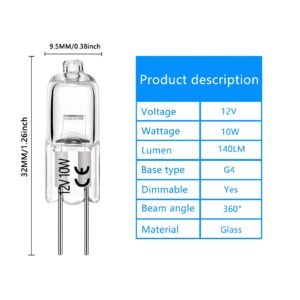 AHEVO G4 Halogen T3 10 Watt 140lm G4 Bi-Pin Bulb AC/DC12 Volt for Under Cabinet Puck Light, Chandeliers, Track Lighting, 10W 12V Warm White 2700K (10 Pack)