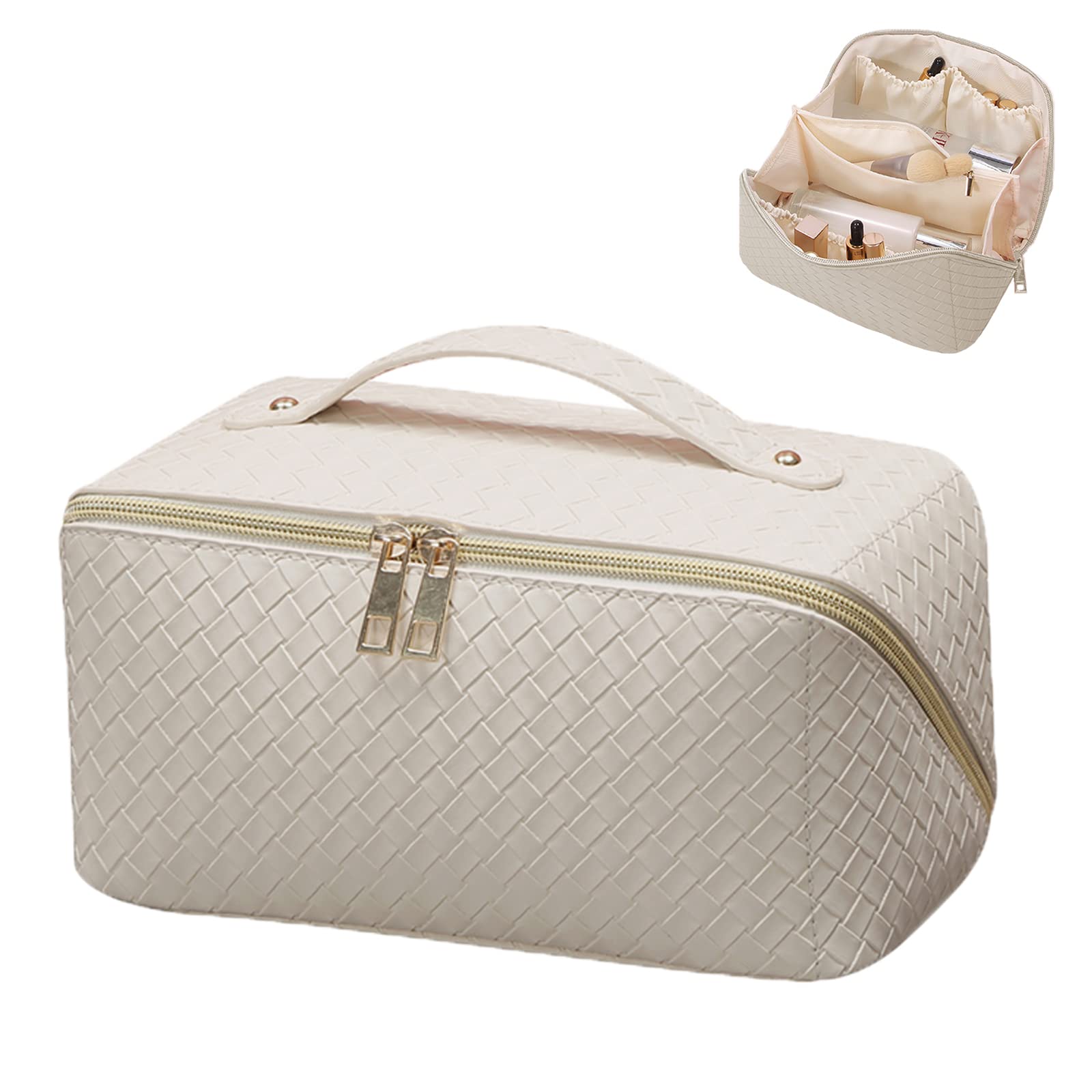 BAKLUCK Travel Large Capacity Cosmetic Bag with Compartment Waterproof PU Leather Makeup Bag for Women and Girl Travel Bathroom Portable Checkered Beige