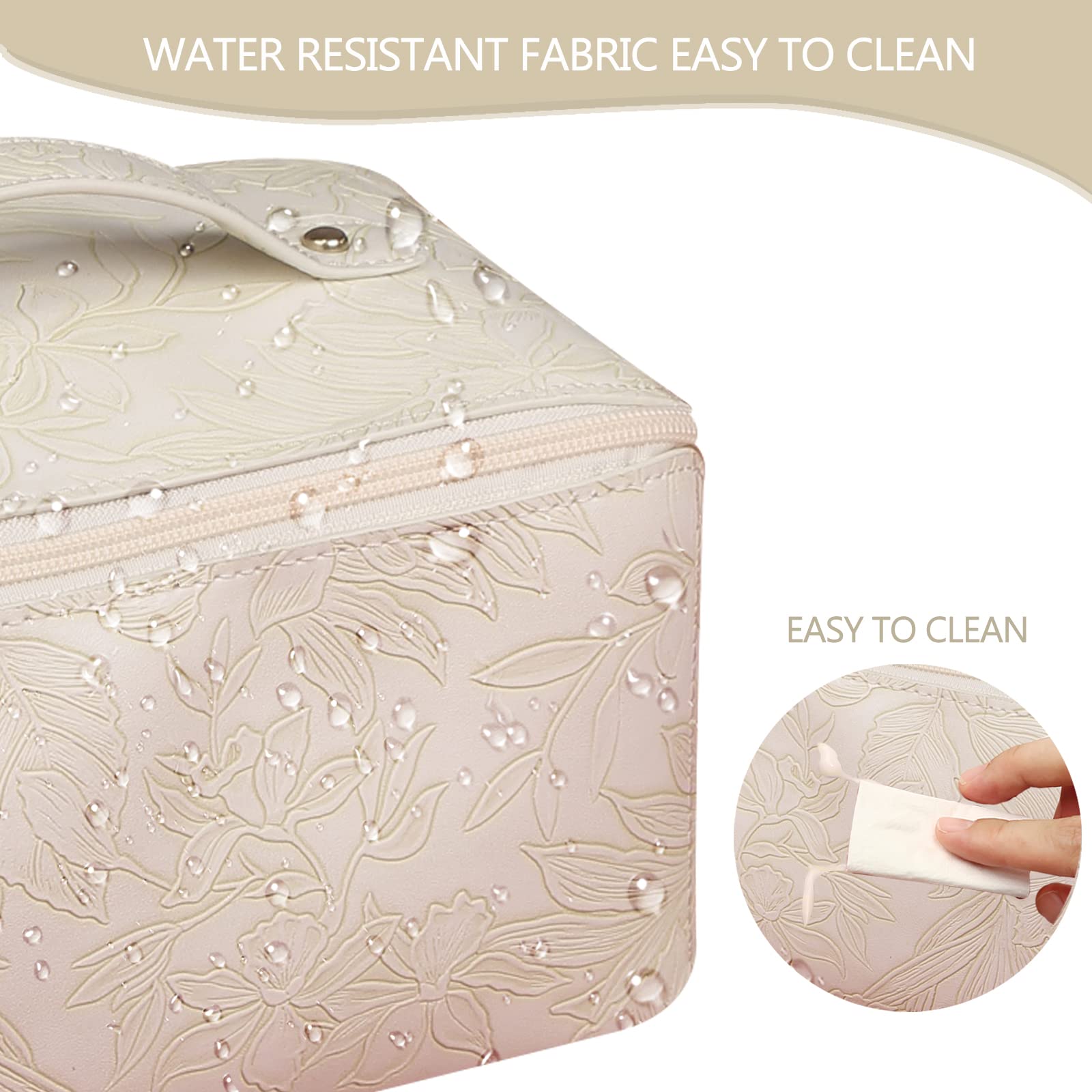 BAKLUCK Large Capacity Travel Makeup Bag Cosmetic Bag with Compartment Waterproof PU Leather Makeup Bag for Women and Girl Travel Portable Floral White Makeup Bag