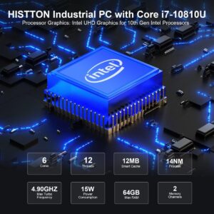 HISTTON Fanless Industrial Mini PC Core i7-10810U, 16GB RAM 128GB M2. SSD, 2 RS232/485 COM, Dual HD+DP 4K Triple Display, 2 LAN, 6 USB, GPIO, Wifi, BT 4.2, Mini PC Windows 11 Pro, support Linux/Ubuntu