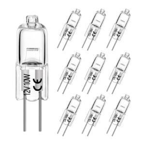 ahevo g4 halogen t3 10 watt 140lm g4 bi-pin bulb ac/dc12 volt for under cabinet puck light, chandeliers, track lighting, 10w 12v warm white 2700k (10 pack)