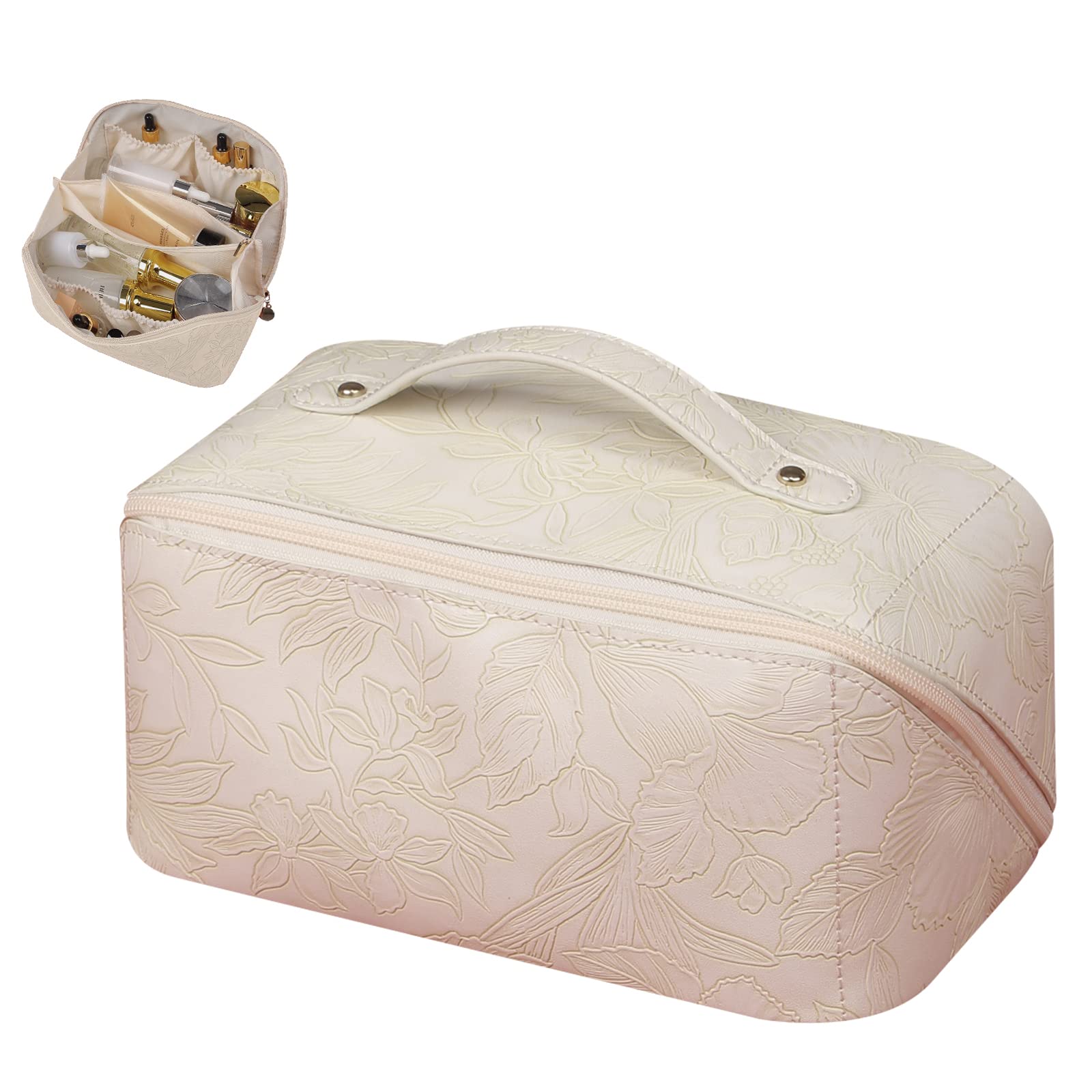 BAKLUCK Large Capacity Travel Makeup Bag Cosmetic Bag with Compartment Waterproof PU Leather Makeup Bag for Women and Girl Travel Portable Floral White Makeup Bag