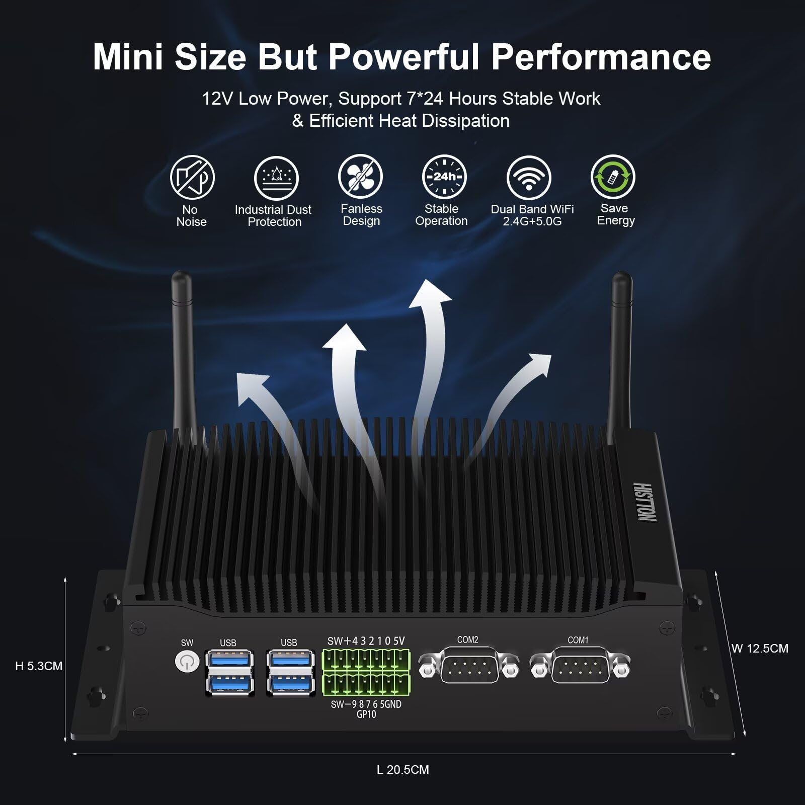 HISTTON Fanless Industrial Mini PC Core i7-10810U, 16GB RAM 128GB M2. SSD, 2 RS232/485 COM, Dual HD+DP 4K Triple Display, 2 LAN, 6 USB, GPIO, Wifi, BT 4.2, Mini PC Windows 11 Pro, support Linux/Ubuntu