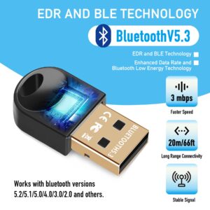 Bluetooth Adapter for PC, Bluetooth 5.3+EDR USB Dongle, Bluetooth Receiver Transmitter for Wireless Keyboard, Mouse, Speaker, Headset, Support Windows 11/10/8.1, Plug and Play No Driver Required