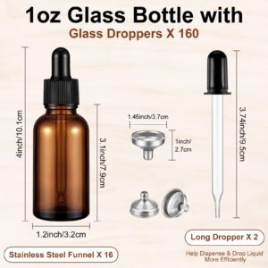 160 Pack 1oz Glass Dropper Bottle 30ml Glass Bottles with Droppers, 16 Funnels and 2 Long Droppers, Eye Dropper Bottles Bulk Leak Proof Tincture Bottle for Essential Lab Chemicals (Amber, Black)