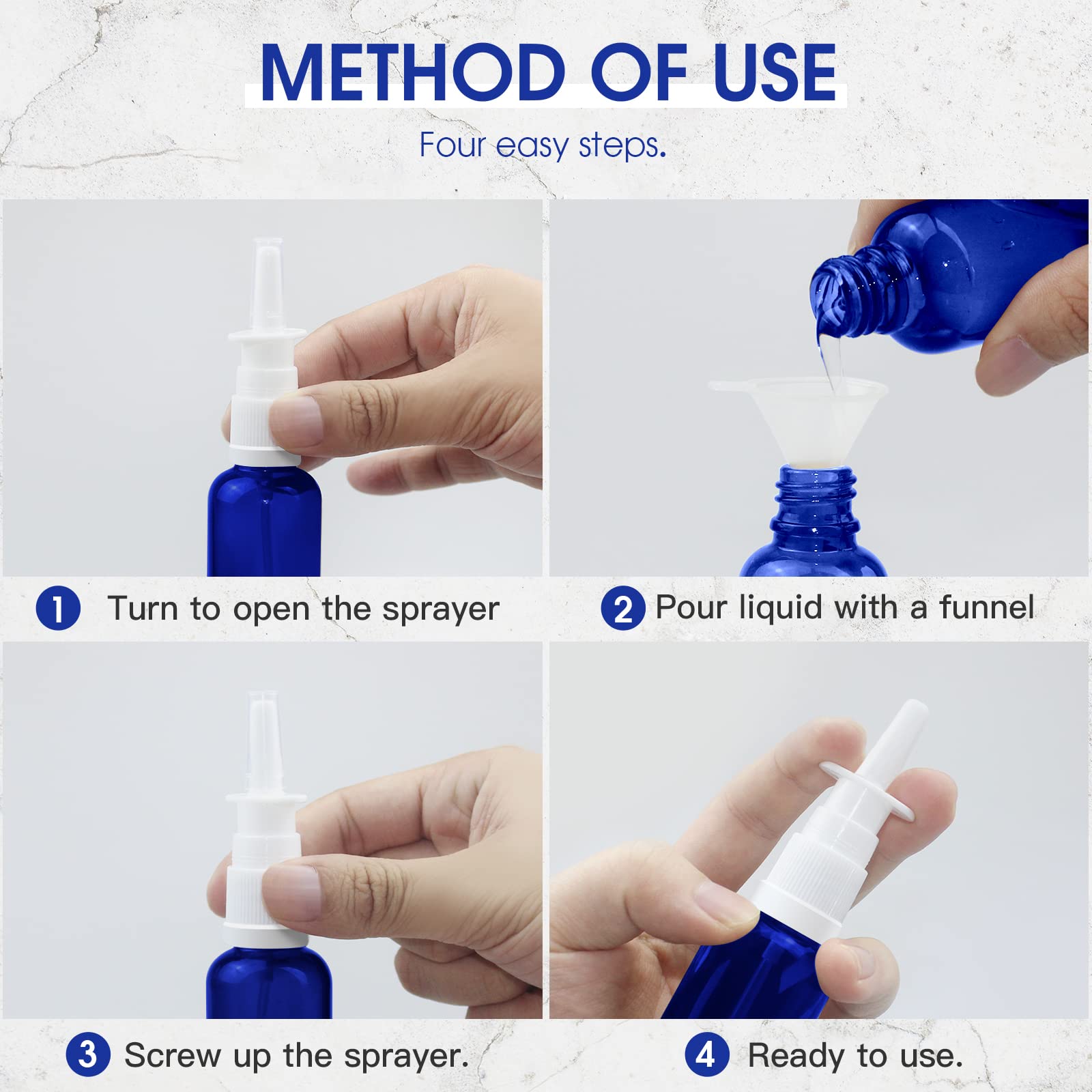 FZENeast Nasal Spray Bottle, 6 Pcs 30ML/1oz Glass Refillable Continuous Fine Mister Spray Bottles, Small Empty Nasal Sprayer with Different Sprayers, Funnels, Travel Clips and Labels(Blue)