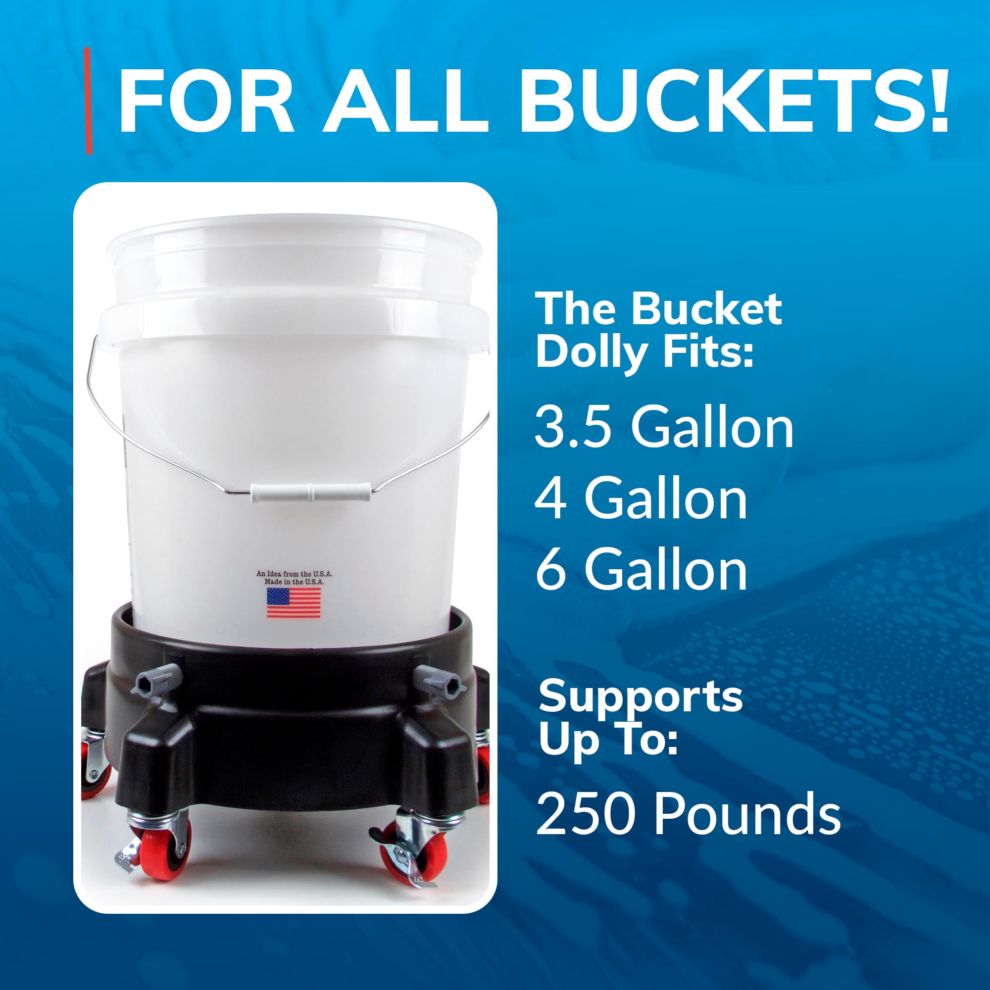 GRIT GUARD Bucket Dolly with Wheels - Rolling Detailing Wash Bucket with 5 Wheels and 2 Locking Casters Compatible with 2.5, 4, 5 and 6 Gallon Buckets (Green, 3" Red Casters)