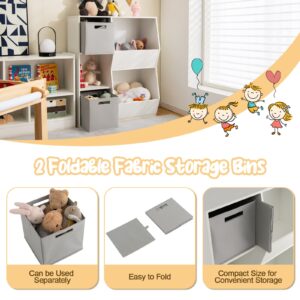 5-Cube Kids Toy Storage Cabinet, Freestanding Children Bookcase w/ 2 Foldable Storage Bins, Open Multi-Purpose Storage Display Organizer for Kids Room, Play Room, Hallway, Nursery