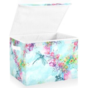 WELLDAY Flower Dragonfly Storage Baskets Foldable Cube Storage Bin with Lids and Handle, 16.5x12.6x11.8 In Storage Boxes for Toys, Shelves, Closet, Bedroom, Nursery