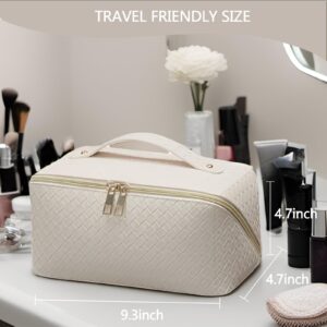 BAKLUCK Travel Large Capacity Cosmetic Bag with Compartment Waterproof PU Leather Makeup Bag for Women and Girl Travel Bathroom Portable Checkered Beige