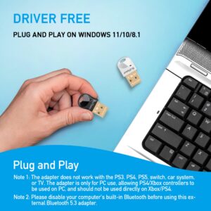 Bluetooth Adapter for PC, Bluetooth 5.3+EDR USB Dongle, Bluetooth Receiver Transmitter for Wireless Keyboard, Mouse, Speaker, Headset, Support Windows 11/10/8.1, Plug and Play No Driver Required