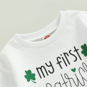 KOSUSANILL My First Baby Boy St Patricks Day Outfit Newborn Infant Irish Shamrock Clothes Long Sleeve Sweatshirt Pullover Pants Set (White Green Lucky Clover Crewneck, 3-6 Months)