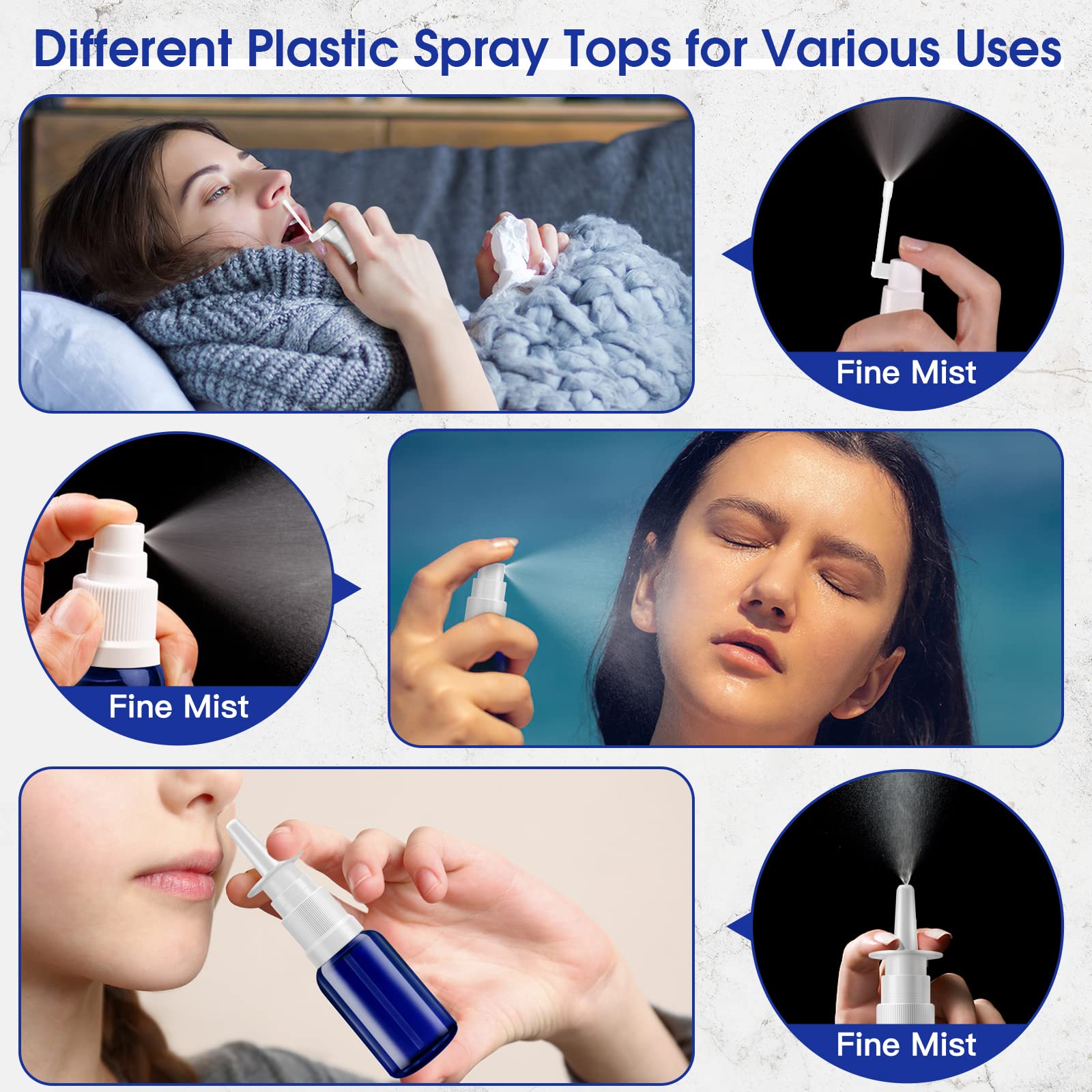 FZENeast Nasal Spray Bottle, 6 Pcs 30ML/1oz Glass Refillable Continuous Fine Mister Spray Bottles, Small Empty Nasal Sprayer with Different Sprayers, Funnels, Travel Clips and Labels(Blue)