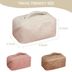 BAKLUCK Large Capacity Travel Makeup Bag Cosmetic Bag with Compartment Waterproof PU Leather Makeup Bag for Women and Girl Travel Portable Floral White Makeup Bag