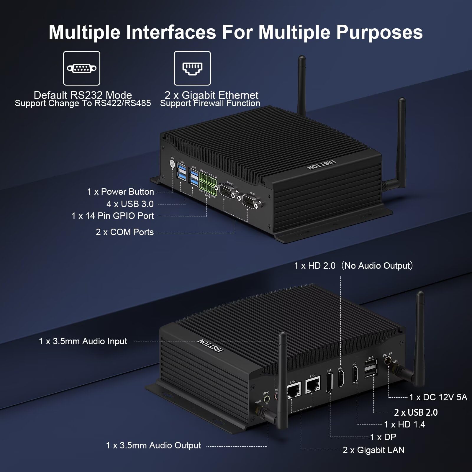 HISTTON Fanless Industrial Mini PC Core i7-10810U, 16GB RAM 128GB M2. SSD, 2 RS232/485 COM, Dual HD+DP 4K Triple Display, 2 LAN, 6 USB, GPIO, Wifi, BT 4.2, Mini PC Windows 11 Pro, support Linux/Ubuntu