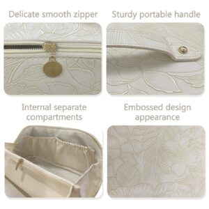 BAKLUCK Large Capacity Travel Makeup Bag Cosmetic Bag with Compartment Waterproof PU Leather Makeup Bag for Women and Girl Travel Portable Floral White Makeup Bag