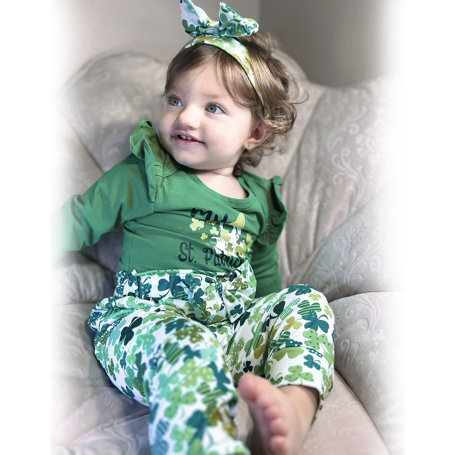 HINTINA Infant Baby Girl 1st First St. Saint Patricks Day Outfits Shamrock Clover Bodysuit Clothes Set 0-3 Months