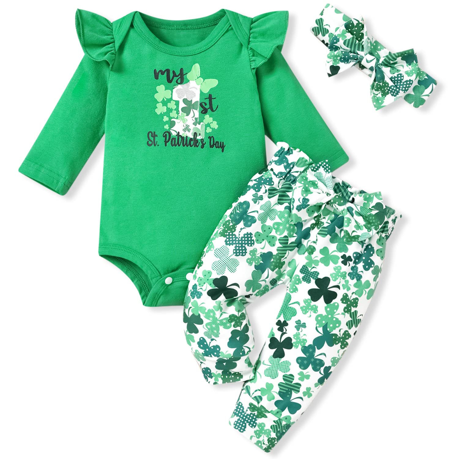 HINTINA Infant Baby Girl 1st First St. Saint Patricks Day Outfits Shamrock Clover Bodysuit Clothes Set 0-3 Months