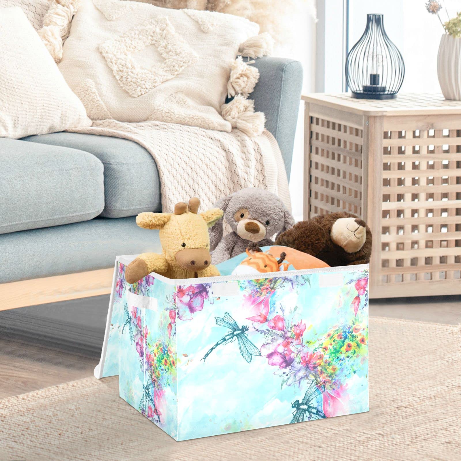 WELLDAY Flower Dragonfly Storage Baskets Foldable Cube Storage Bin with Lids and Handle, 16.5x12.6x11.8 In Storage Boxes for Toys, Shelves, Closet, Bedroom, Nursery