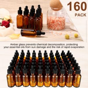 160 Pack 1oz Glass Dropper Bottle 30ml Glass Bottles with Droppers, 16 Funnels and 2 Long Droppers, Eye Dropper Bottles Bulk Leak Proof Tincture Bottle for Essential Lab Chemicals (Amber, Black)