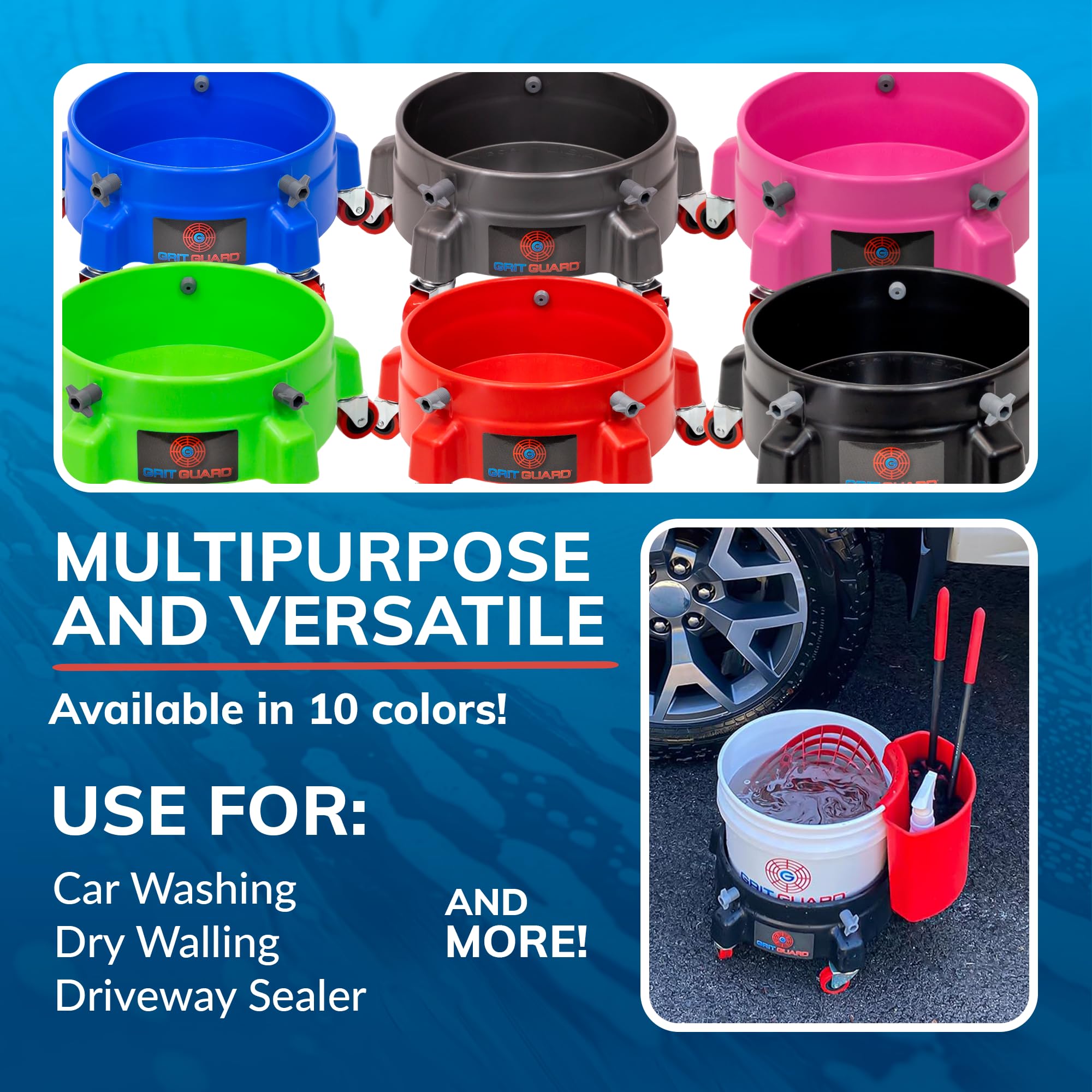 GRIT GUARD Bucket Dolly with Wheels - Rolling Detailing Wash Bucket with 5 Wheels and 2 Locking Casters Compatible with 2.5, 4, 5 and 6 Gallon Buckets (Green, 3" Red Casters)