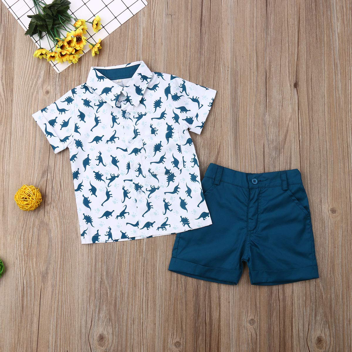 fhutpw Baby Toddler Boy Outfits 2T 3T 4T 5T Clothes Summer Kids Pattern Short Sleeve Button Down Shirt & Shorts Set