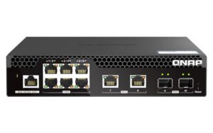 qnap 10-port 10gbe half-width rackmount layer 2 managed switch with 2 x 10gbe sfp+, 2 x 10nbase-t rj45, and 6 x 2.5gbe rj45 ports (qsw-m2106r-2s2t-us)