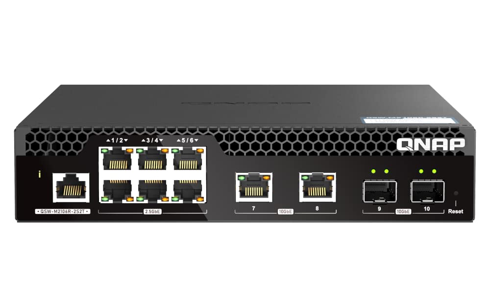 QNAP 10-Port 10GbE Half-Width Rackmount Layer 2 Managed Switch with 2 x 10GbE SFP+, 2 x 10NBASE-T RJ45, and 6 x 2.5GbE RJ45 Ports (QSW-M2106R-2S2T-US)