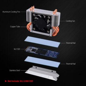 NewHail 12V M.2 2280 SSD Heatsink with 40mm PWM Cooling Fan, Copper Heat Pipes and Thermal Pad, SSD Cooler for M.2 2280 NVMe & SATA SSD Only