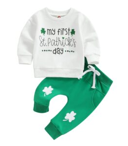 my first st. patrick's day newborn baby boys clothes sets long sleeve sweatshirts tops+green drawstring pants (white, 6-12 months)