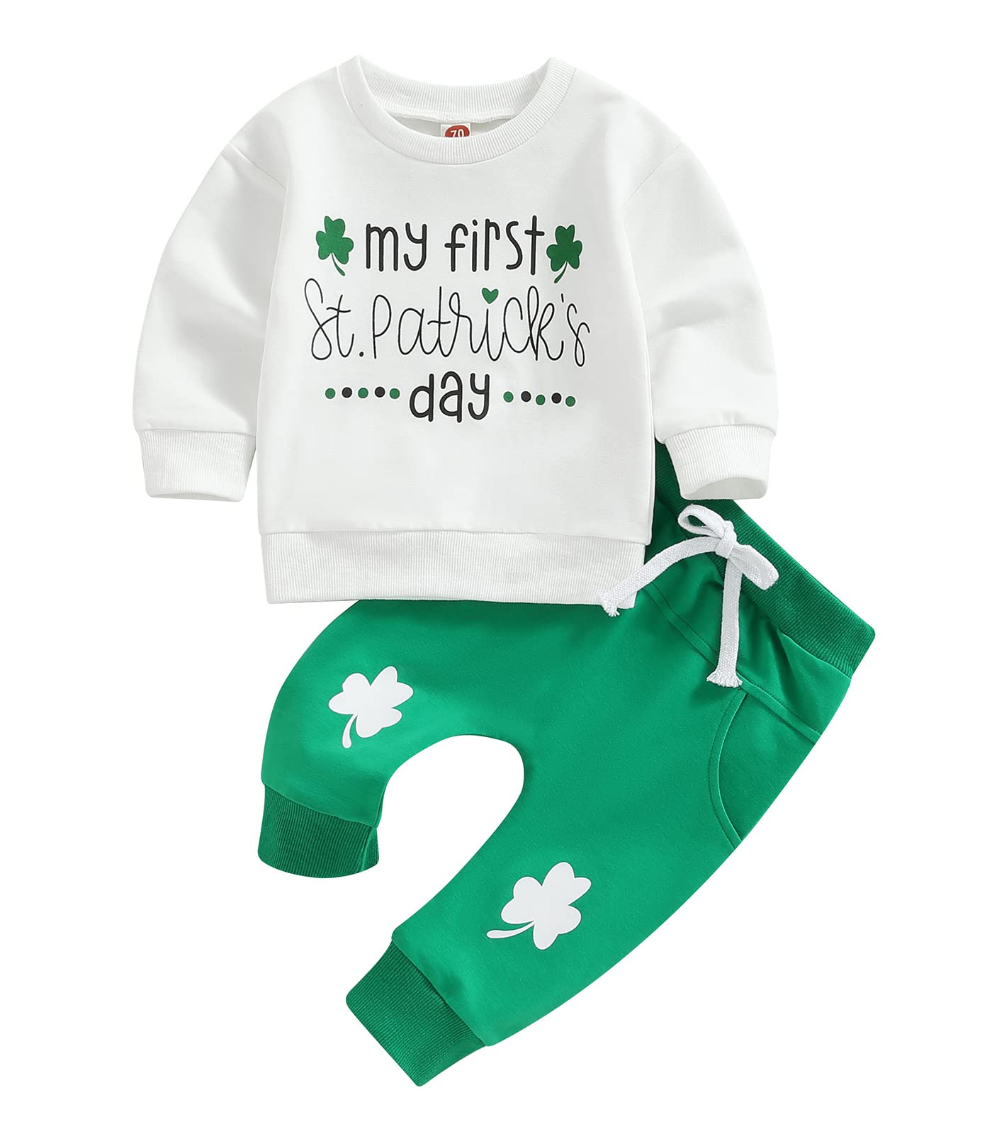 My First St. Patrick's Day Newborn Baby Boys Clothes Sets Long Sleeve Sweatshirts Tops+Green Drawstring Pants (White, 6-12 Months)