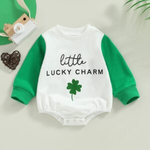 Chloefairy Newborn Baby Girl Boy St Patricks Day Outfit Little Lucky Charm Romper Sweatshirt Onesie Bodysuit Infant Jumpsuit (Green-little LUCKY CHARM, 6-12 Months)