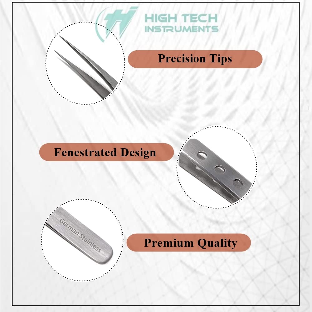 Professional Stainless Steel Tweezers 4.75" with Fine Precision Tips & Fenestrated Handle Suitable for Facial Hair, Splinter and Ingrown Hair Removal Used by Women & Men