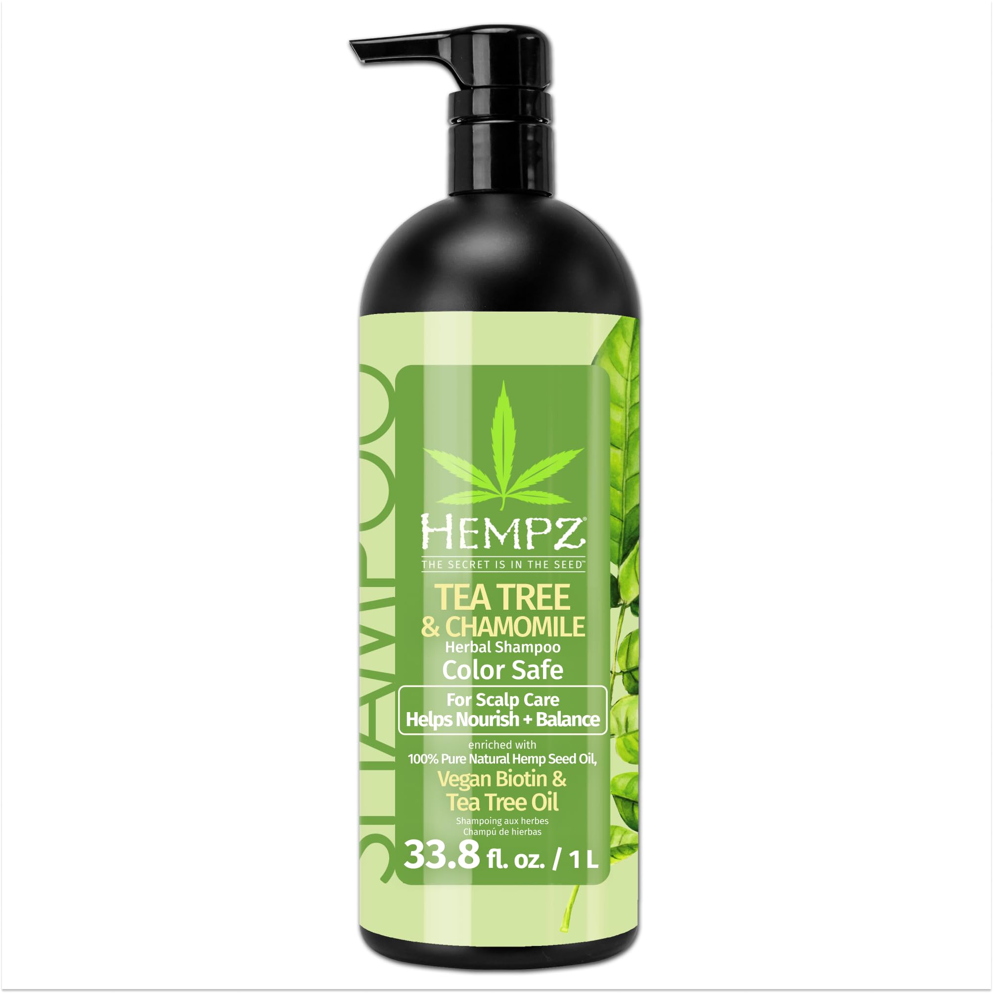 Hempz Biotin Hair Shampoo - Tea Tree & Chamomile - For Scalp Care Hair Growth & Strengthening of Dry, Damaged and Color Treated Hair, Hydrating, Softening, Moisturizing - 33.8 Fl OZ