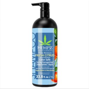 hempz biotin hair shampoo - triple moisture fresh citrus - peach & grapefruit - for growth & strengthening of dry, damaged and color treated hair, hydrating, softening, moisturizing 33.8 fl oz