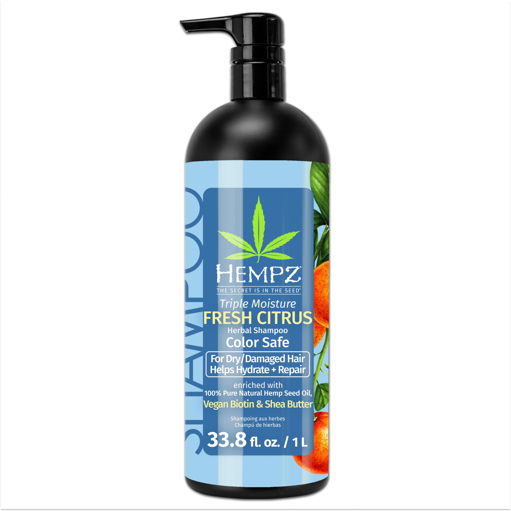 Hempz Biotin Hair Shampoo - Triple Moisture Fresh Citrus - Peach & Grapefruit - For Growth & Strengthening of Dry, Damaged and Color Treated Hair, Hydrating, Softening, Moisturizing 33.8 Fl OZ