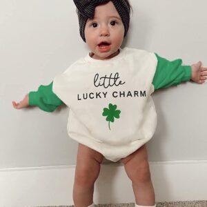 Chloefairy Newborn Baby Girl Boy St Patricks Day Outfit Little Lucky Charm Romper Sweatshirt Onesie Bodysuit Infant Jumpsuit (Green-little LUCKY CHARM, 6-12 Months)