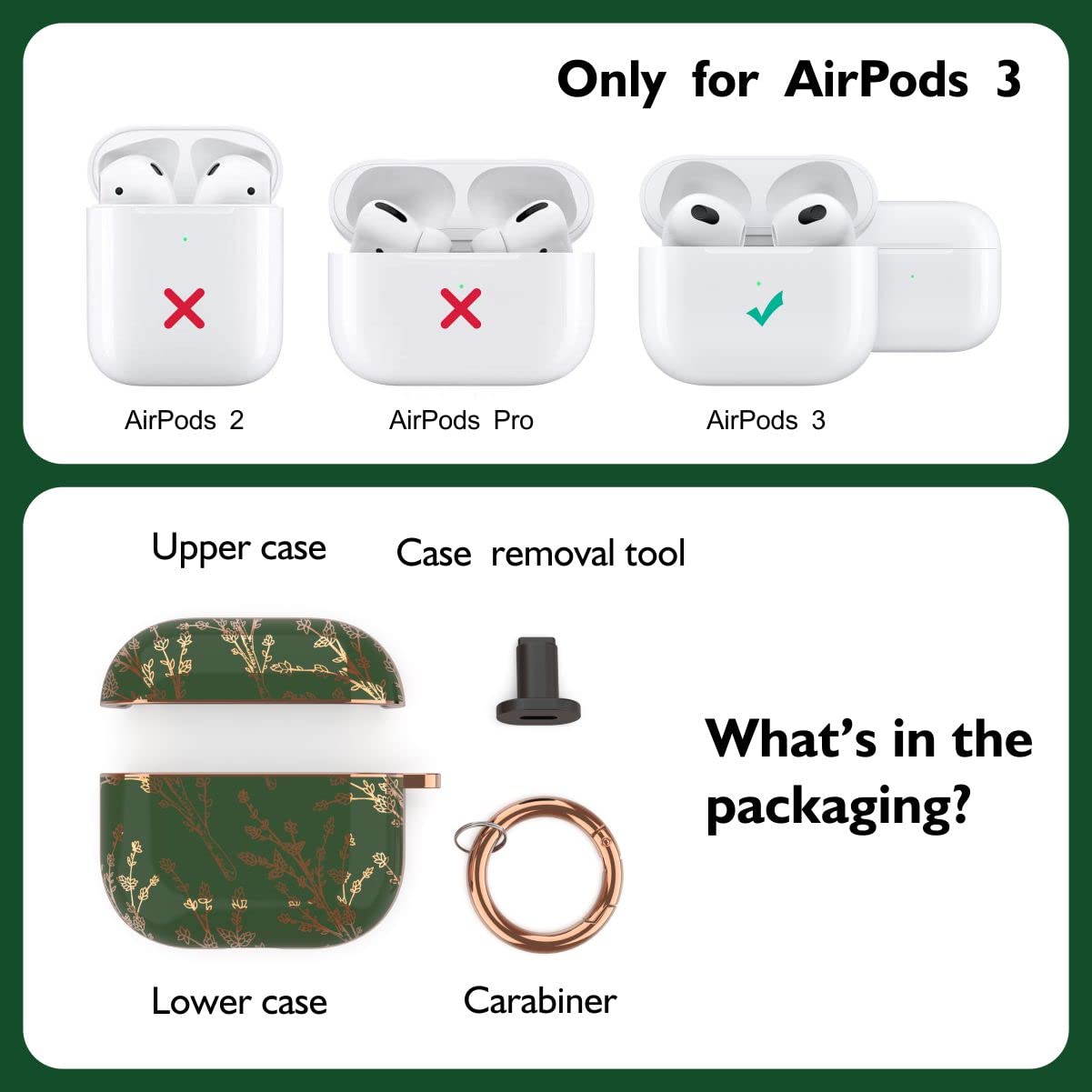 TATOFY Case Cover for AirPods 3, AirPods 3 Case for Women, Flora Protective Hard Case with Carabiner, Led Visible, Wireless Charging Compatible (Golden Green)