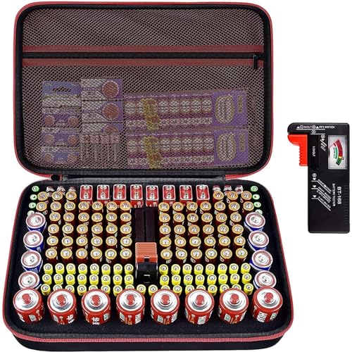 casmilee Battery Organizer & Storage Case with Tester for 162+ AA AAA 4A C D 9V 3V Lithium LR44 CR2 CR123 CR1632 CR2032 18650 Button - Batteries Not Included (Red)