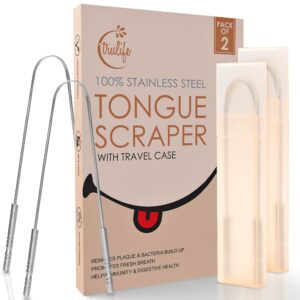 trulife tongue scraper tongue cleaner surgical grade stainless steel (2 pack), reduce bad breath (travel cases included), metal tongue cleaner, tongue scraper for fresher breath & easy to use